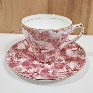 Royal Stafford Pink Tapestry Cup Saucer Set England redwork chintz gold lined